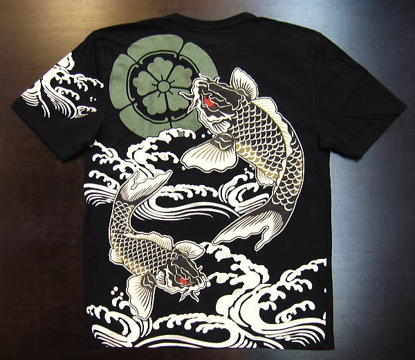 和柄半袖ヘンリーTシャツ 荒波に鯉・家紋